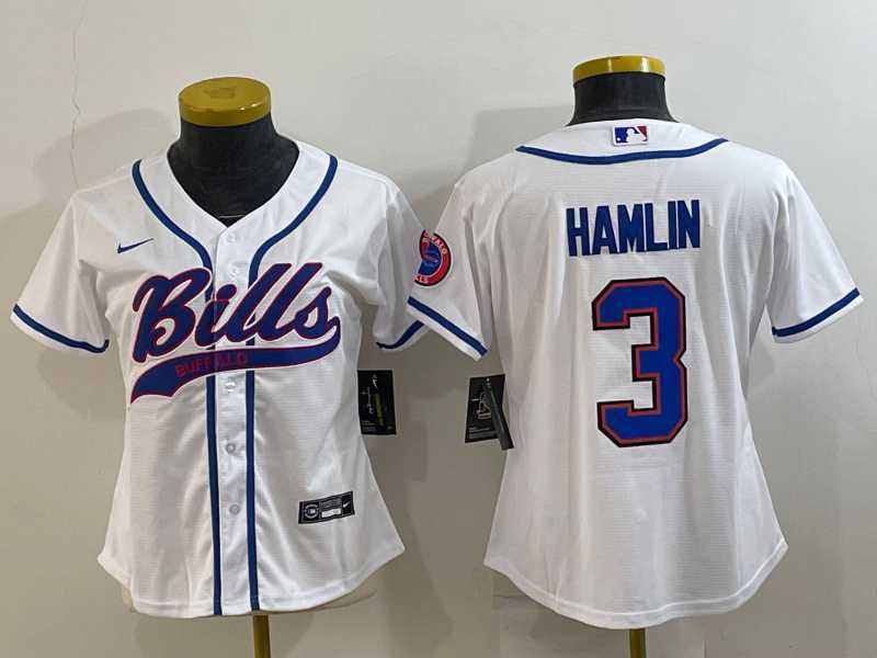 Women%27s Buffalo Bills #3 Damar Hamlin White With Patch Cool Base Stitched Baseball Jersey->women nfl jersey->Women Jersey